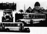 Ônibus Studebaker com carroceria da Garage Moderna operados pela Viação Cruzeiro, empresa fundada em 1928 no Rio de Janeiro; no alto à esquerda, a fachada da oficina, no bairro do Flamengo; à direita, um carro no ponto final diante do Palácio Monroe, no centro da cidade (fonte: Vida Doméstica).